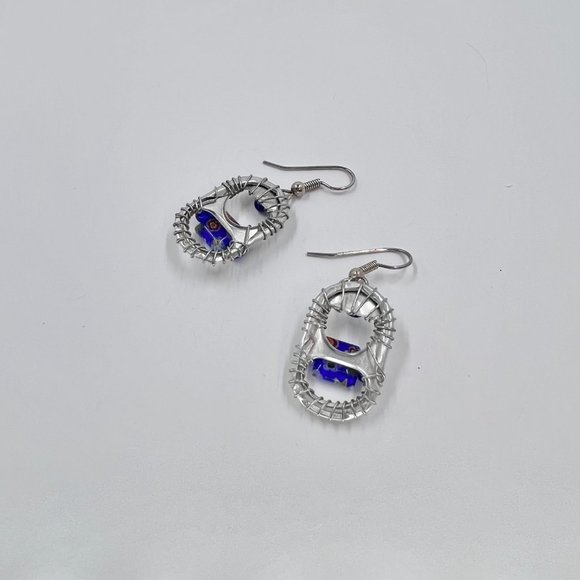 Blue/Red Millefiori Glass Beaded Silver Tone Wire Wrapped Pop Tab Earrings - Picture 5 of 6